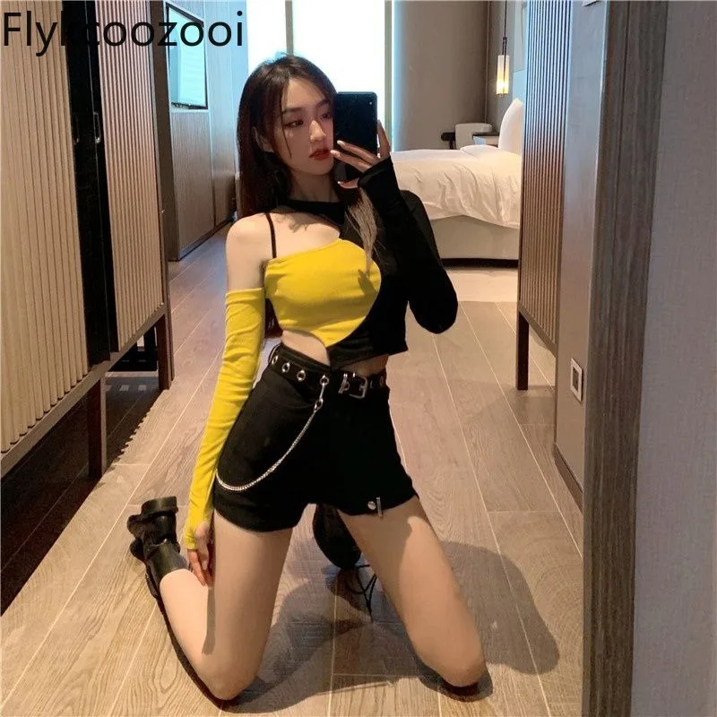 

Y2k Hip-hop Asymmetrical Patchwork Long Sleeve Crop Top Shirt Women High Waisted Sheath Wrap Shorts Summer Girls Chic Outfits