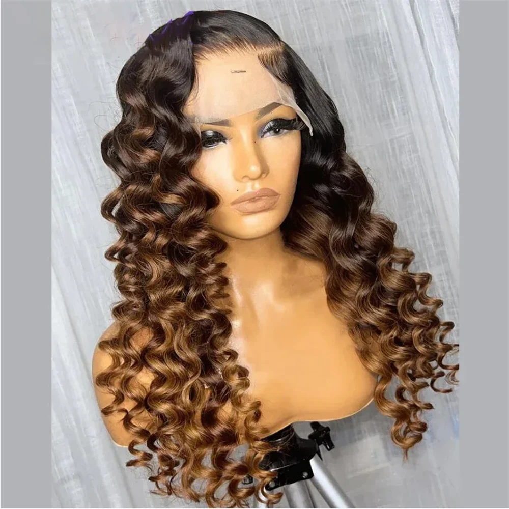 

Soft Long Glueless 26Inch Ombre Brown Deep Wave Kinky Curly Lace Front Wig For Women With Baby Hair Synthetic Preplucked Daily
