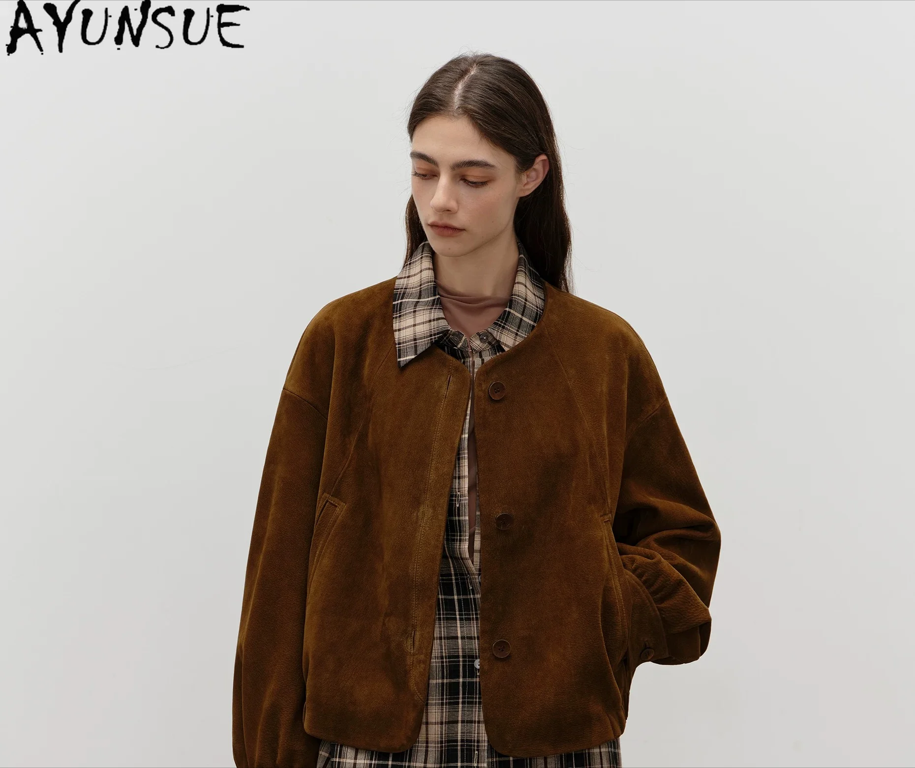 AYUNSUE 100% Top Layer Sheepskin Coat Women Real Leather Jacket Spring Autumn Womens Coats Loose Fit Deer Pattern Jaqueta Couro