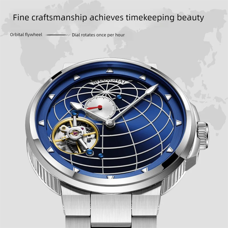 شنغهاي توربيون ووتش الرجال الميكانيكية ووتش دليل لف الدورية الاتصال الهاتفي العالمي الياقوت للماء الأعمال ساعة اليد