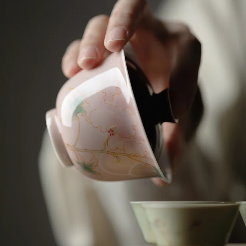 Pale Smoke Red Hand Painted Chinese Rose Covered Bowl Teacup Ceramic under Glaze Color Kung Fu Tea Set Hand Two Covered Bowl