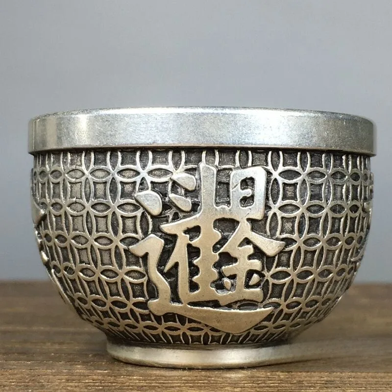 Folk collection of old-fashioned copper cups, white copper and silver-plated carvings, Bafangcai, daily progress, golden tea bow