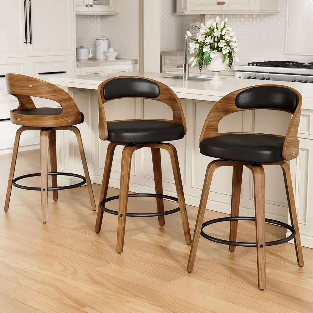 

Set of 3 Black Mid-Century Modern 26 Counter Height Swivel Bar Stools with PU Leather Upholstery, Backrest, and Footrest for Kit