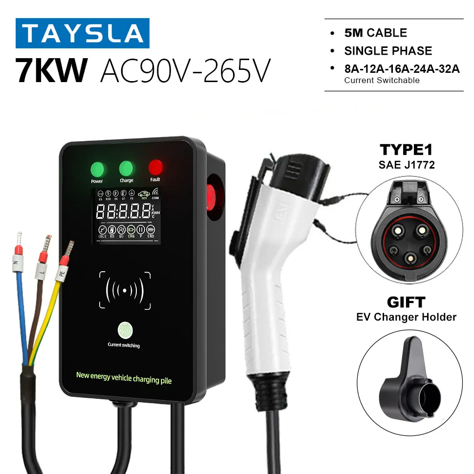 TAYSLA Electric Car Charger Station, Type 1, 32A, 7KW, Swipe Card to Charge, LED Screen Monitor, Wallbox, EV Charger