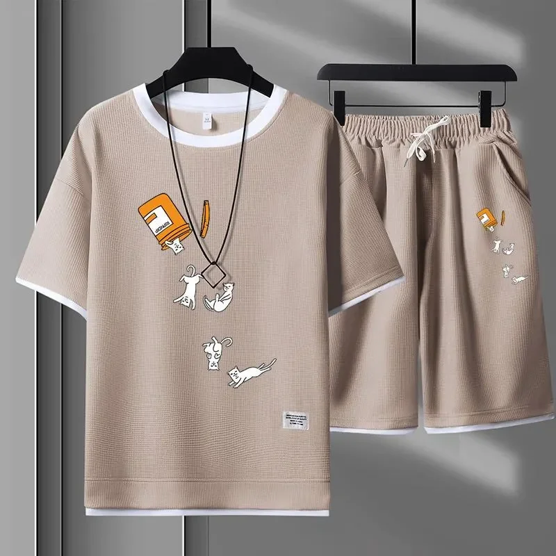 Men's  Print Wfle Knit T-shirt Shorts Set Casual Summer 2 Piece Outfit