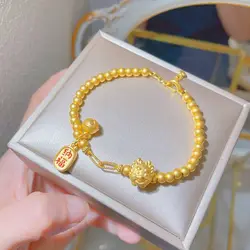 Chinese Style Golden Zodiac Dragon Full Circle Golden Bead Bracelet Women's 2024 New Lucky Bell Jewelry Premium Good Luck Gift