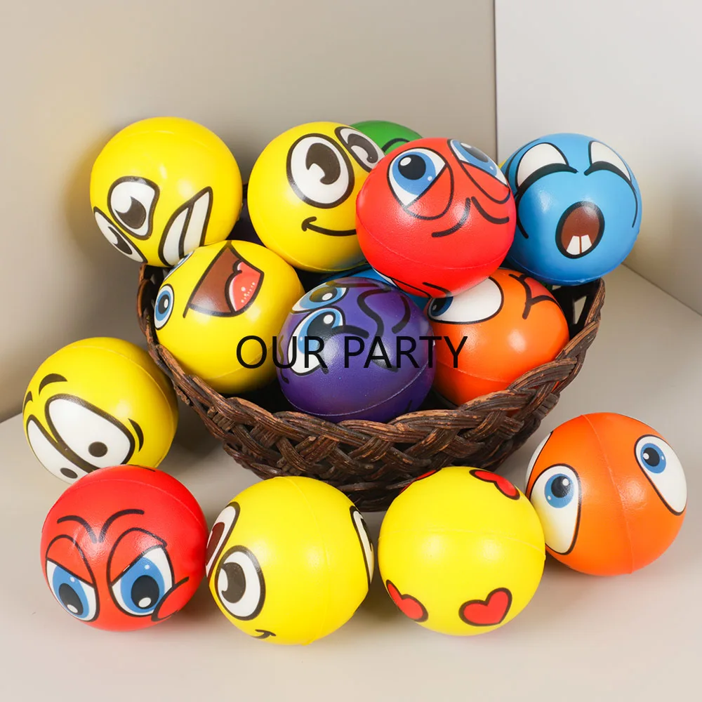 12Pcs Cartoon Face Soft PU Bouncy Ball Stress Reliver Toys for Kids Birthday Party Favors Baby Shower Gifts Pinata Fillers