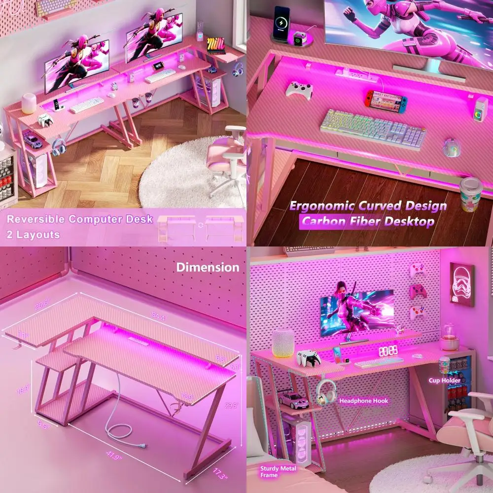 

55 Pink Corner Gaming Desk with Power Outlet, LED Lights & 3-Tier Storage for Bedroom