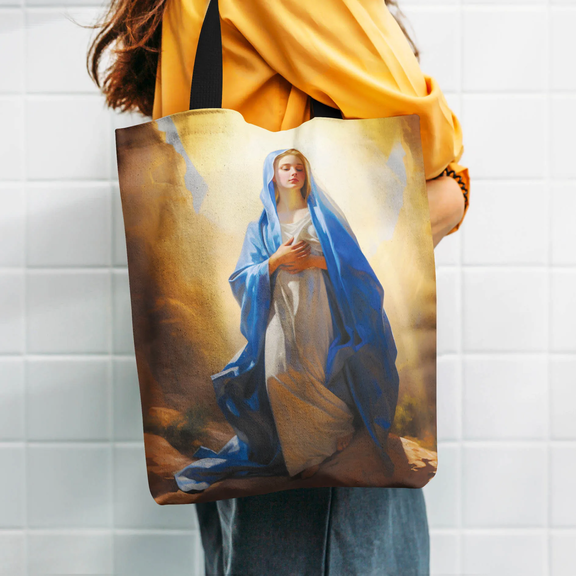 1pc Virgin Mary Pattern Tote Bag, 30x35cm Casual Large Capacity Shoulder Bag, Perfect Shopping Bag, Handbag Commuting Bag