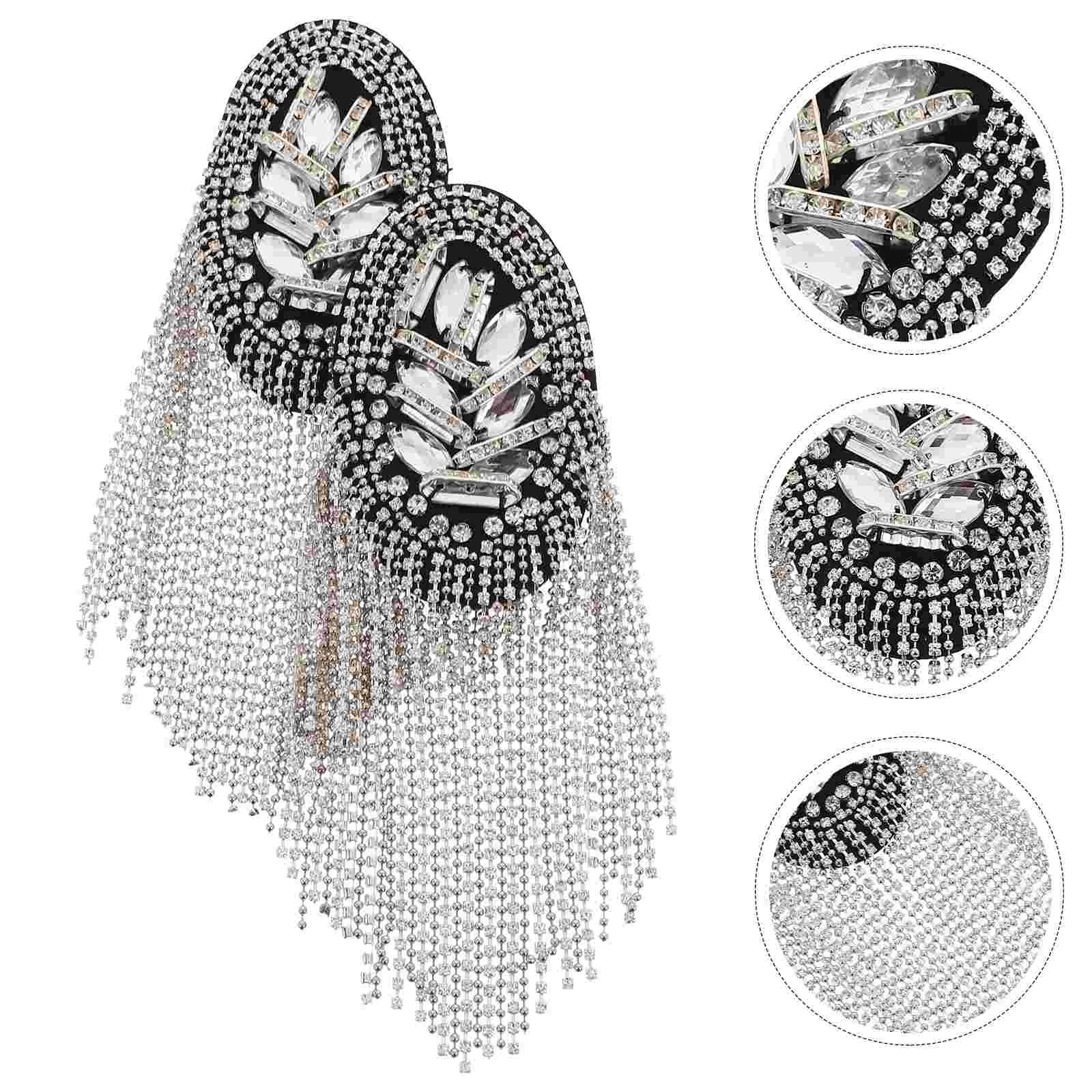 1 Pair Silver Tassel Epaulet Rhinestone Shoulder Board Costume Shoulder Badge Decor Shoulder Mark Fringe Epaulet for Suit