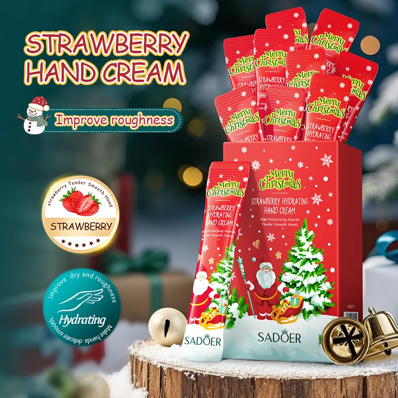 4ml×20 Tubes of Christmas Strawberry Smooth Hand Cream, Rich in Strawberry Extract, Hypoallergenic and Alcohol-Free Formula, Prevents Dryness and Cracking, Moisturizes the Skin, with a Fresh Strawberry Scent, Long-Lasting Fragrance, a Must-Have for Skincare, Can Be Given as a Gift to Friends and Family, to Brighten up the Winter