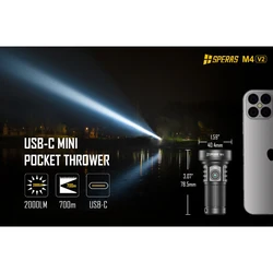 SPEARAS M4 V2 2000 Lumens 700 Meters USB Type-C Rechargeable Flashlight SFT40 LED With Power Indicator EDC Torch