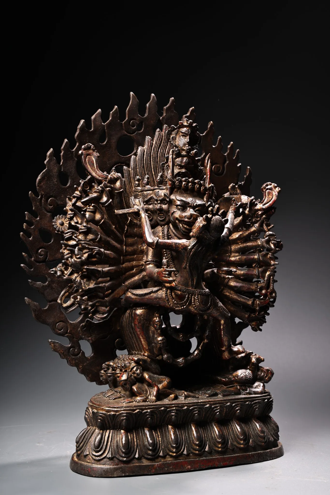 Old Bronze Cinnabar Mud Gold Yamantaka Standing Buddha Flame Backlight Lotus Buddha Terrace Amitabha Worship Hall Town House