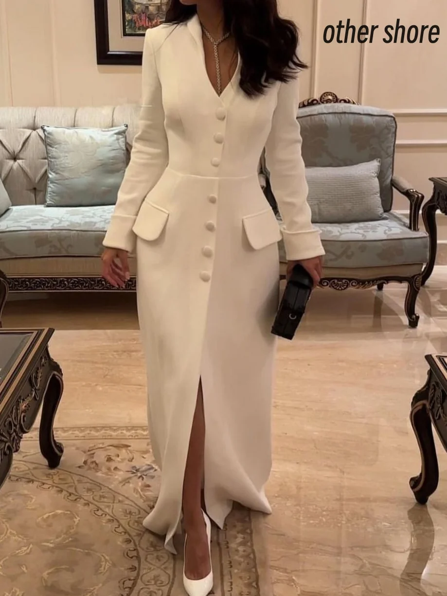 Other Shore Elegant Vintage Simple Ivory Button V-Neck Customize Formal Occasion Prom Dress Evening Party Gowns