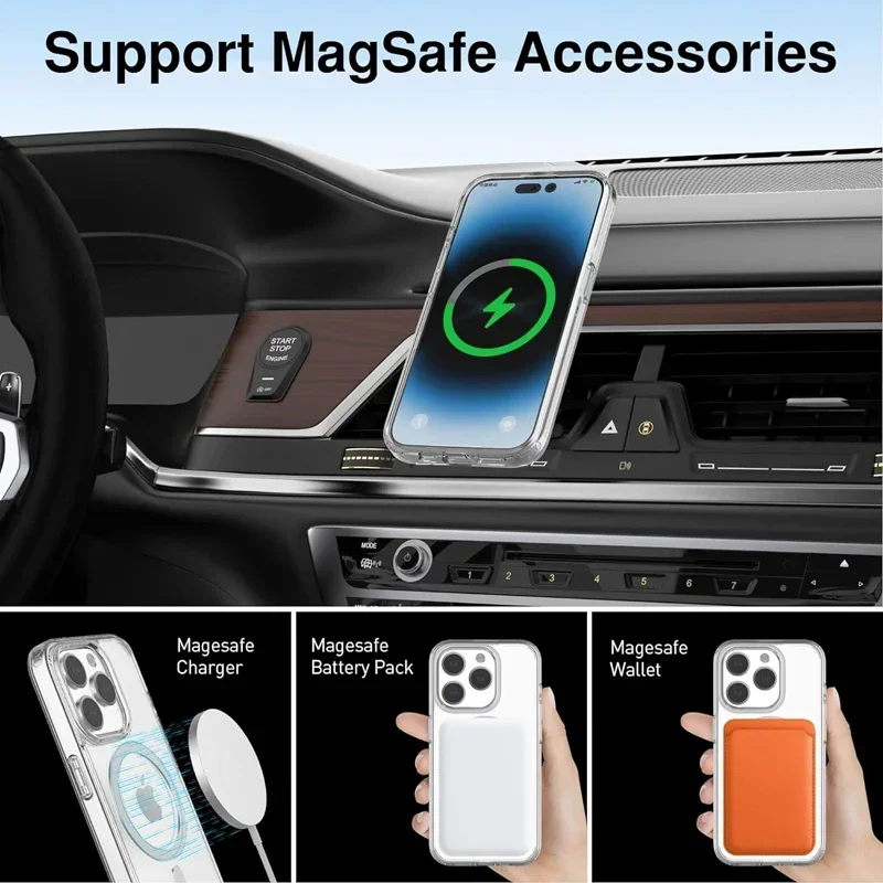 Capa magnética transparente para apple iphone 16 15 14 13 12 11 pro max plus 13 mini xs max xr 8 7 se se2 com capa transparente magsafe