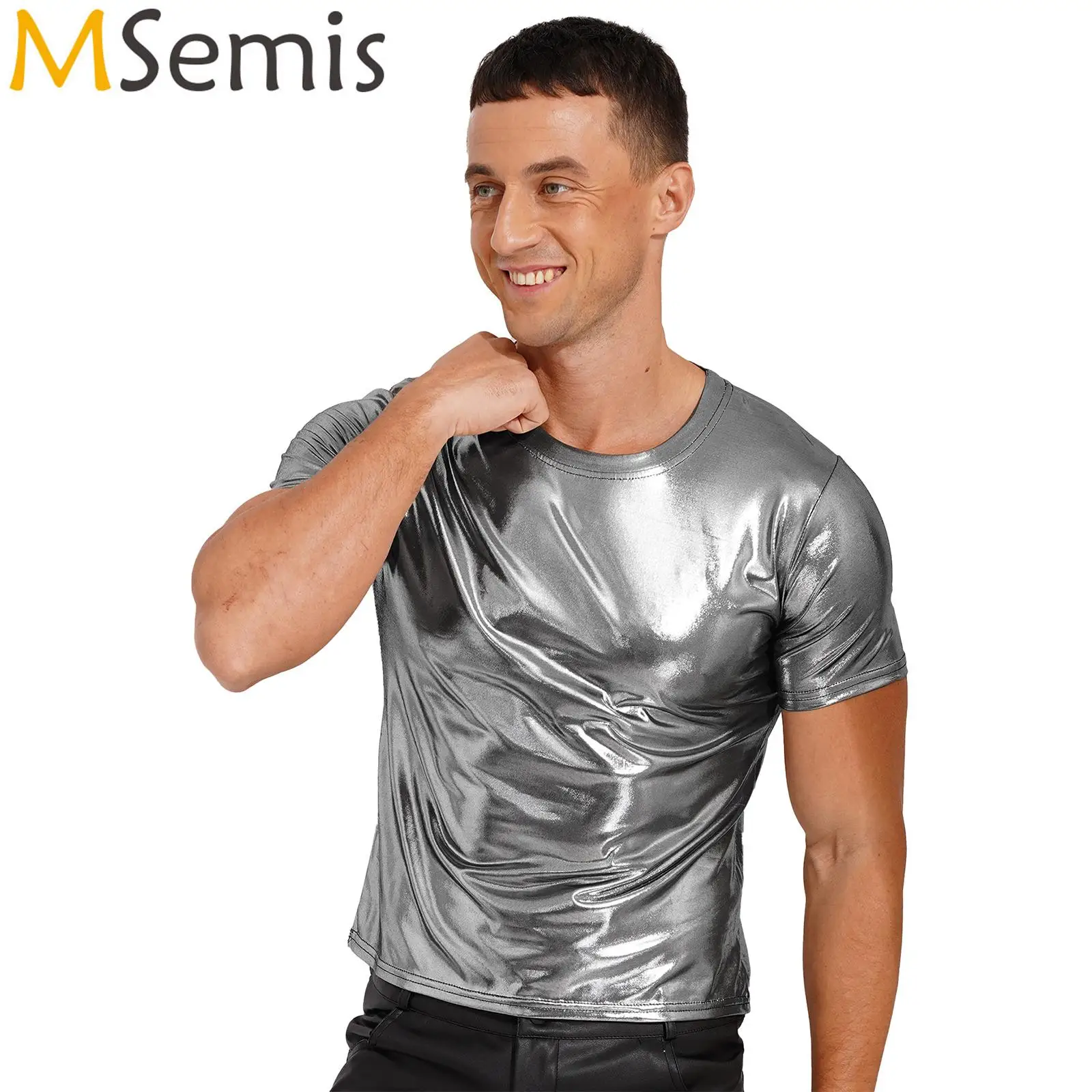 Men's Shiny Metallic Short Sleeve T-shirt Glossy Round Neck Solid Color Tees Tops Rave Party Festival Pole Dance Costume