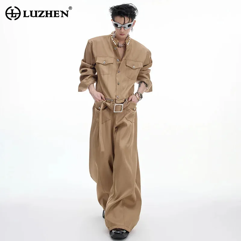 

LUZHEN 2025 New Pearl Decorate Neck Solid Color Denim Shirts Coat Men's Fashion Street Wear Original Loose Wide Leg Jeans JY3231
