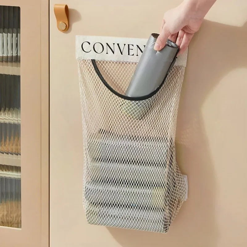 Wall Mount Mesh Storage Bag Garbage Bag Holder Plastic Shopping Bags Dispenser Sundries Bag Net Storage Grocery Bag Organizer