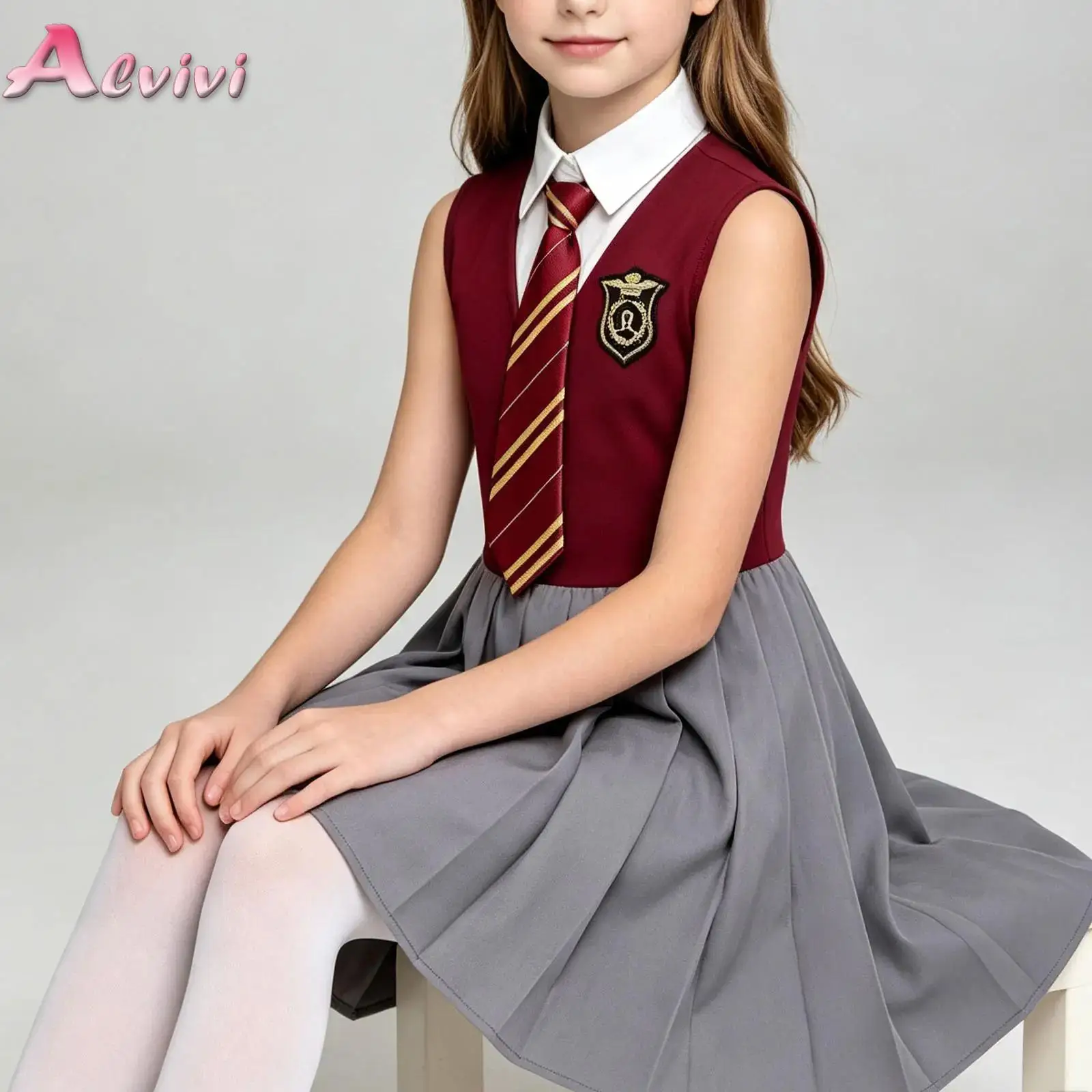 Kids Girls School Formal Uniforms Lapel Sleeveless Buttons Ruffled Dress And Necktie Magic Themed Movie Academy Party Costume