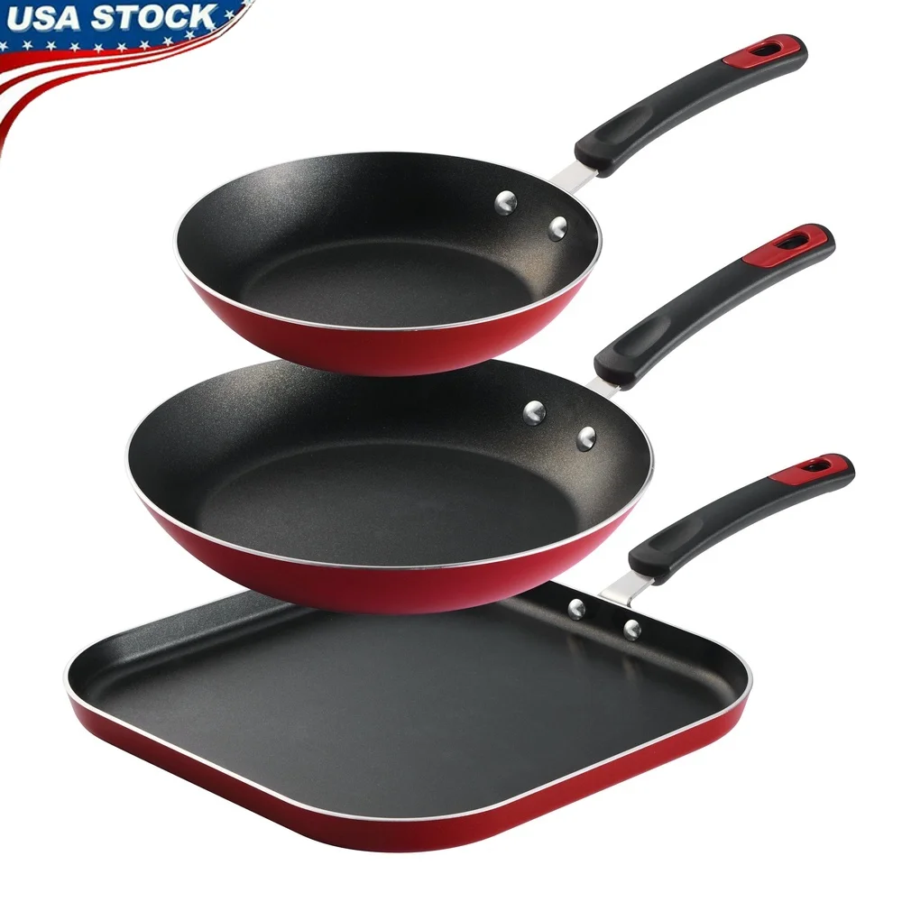 

3 Piece Aluminum Nonstick Fry Pan Griddle Set Ergonomic Bakelite Handle Dishwasher Safe Quick Heat Distribution Cookware