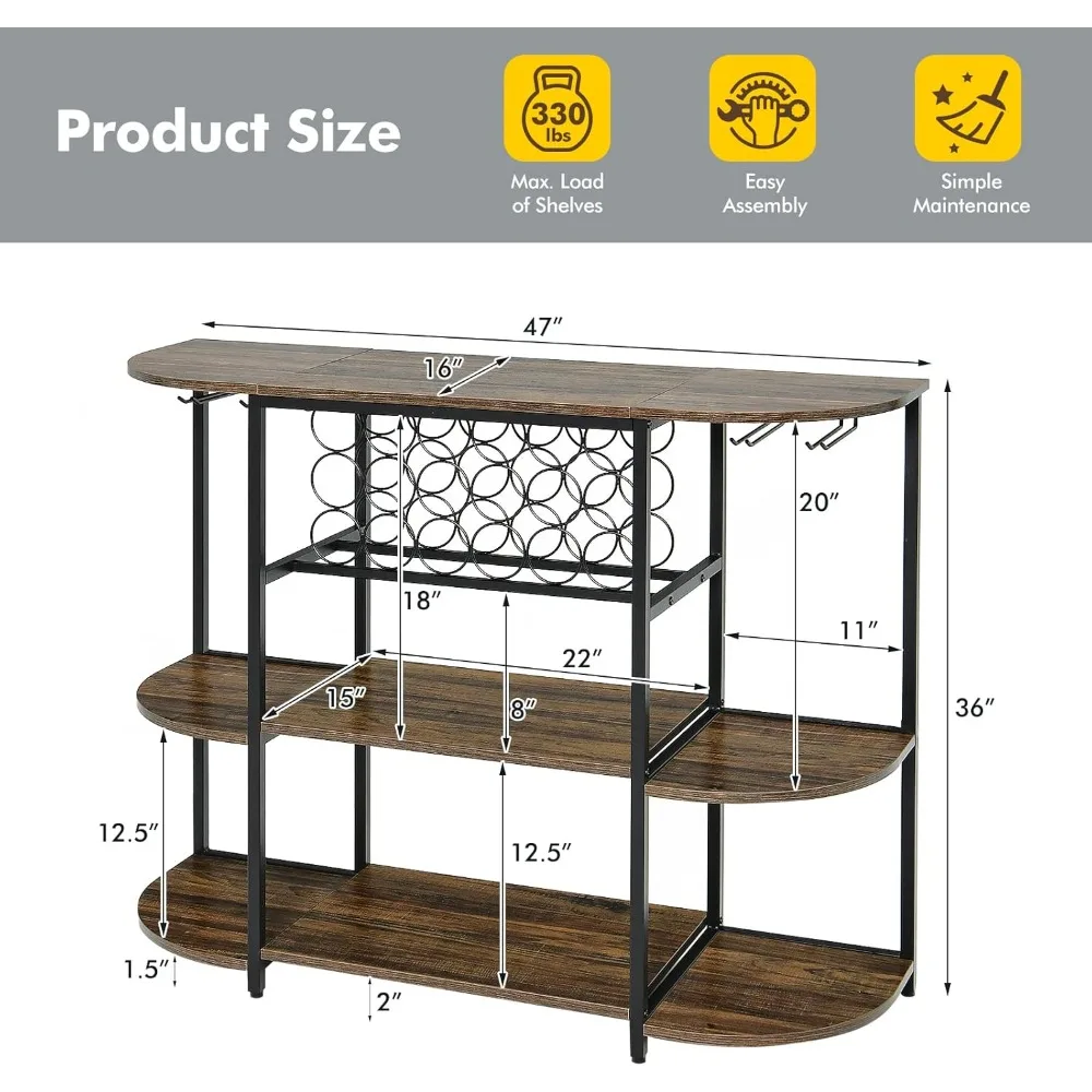 ワインラックテーブル、47インチ工業用ワインバーキャビネット（ワインラック＆グラスホルダー付き）、自立型フロアバーストレージキャビネット