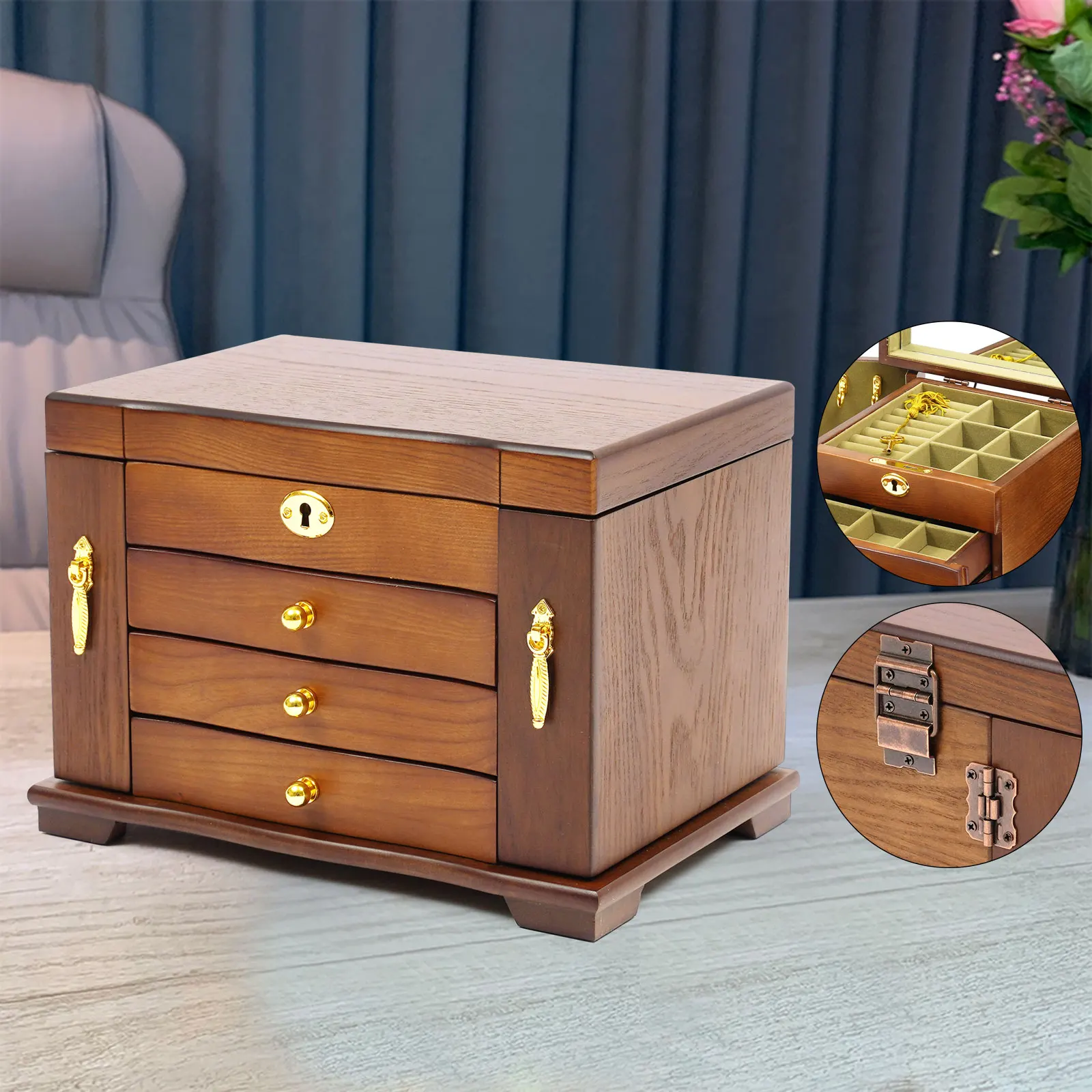 LOYALHEARTDY Antique Large Wooden Jewelry Organizer Box Necklace Watches Rings Storage Case