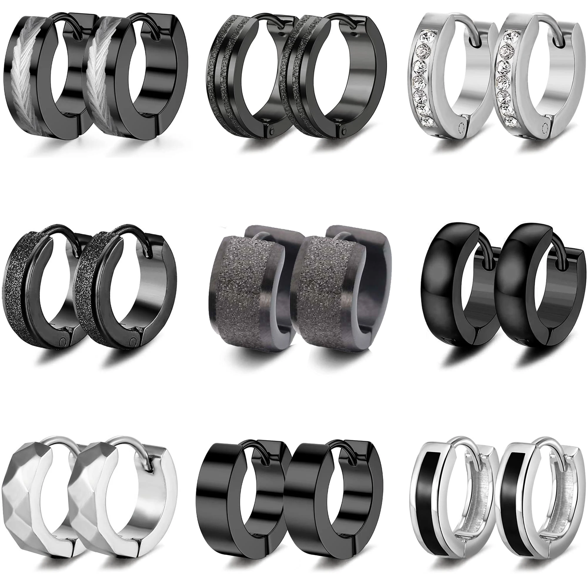 1 Pair/9 Pairs Hoop Earrings for Men Women Unisex Stainless Steel Black & Silver Color Men's Huggie Hoop Earrings Set