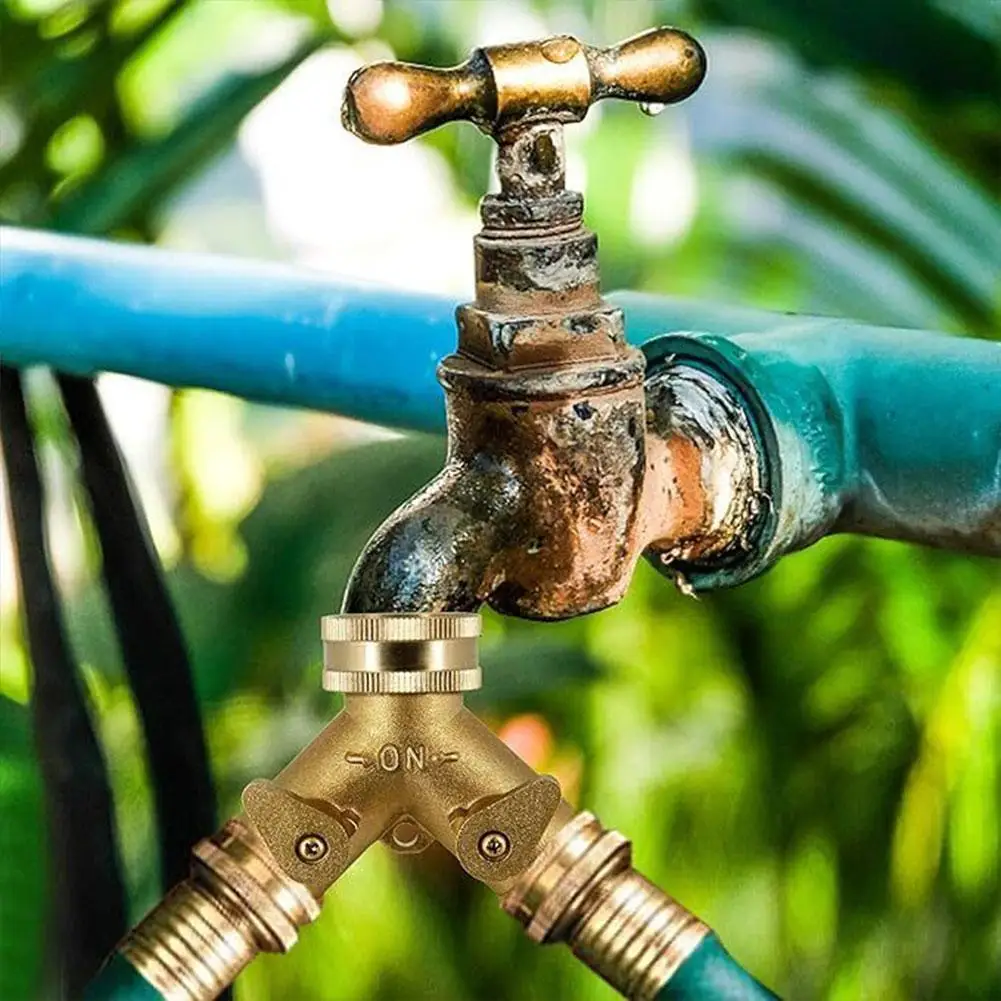 Conectores de válvula Y de manguera de jardín, divisor de manguera de latón con mango de latón macizo, adaptador de manguera de agua de 2 vías