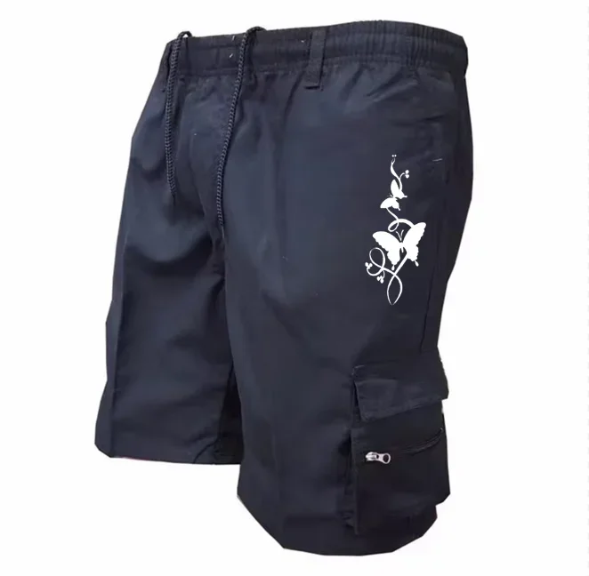 Men's White Butterfly Vine Print Cargo Shorts Elastic Waist Drawstring Multi Zipper Pockets Casual Summer Short Pants