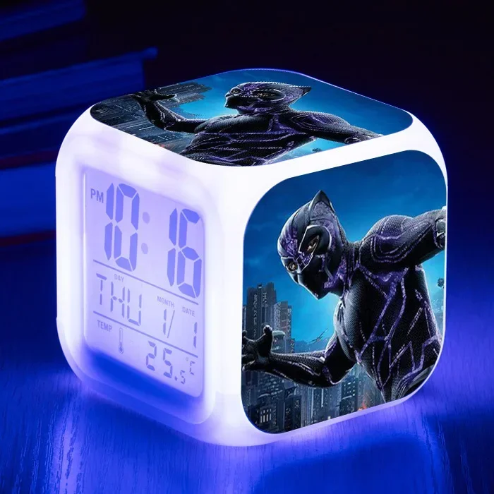 Disney Marvel Avengers Anime Figure Black Panther Night Lights Colorful Alarm Clock Children\'s Room Decoration Birthday Gifts