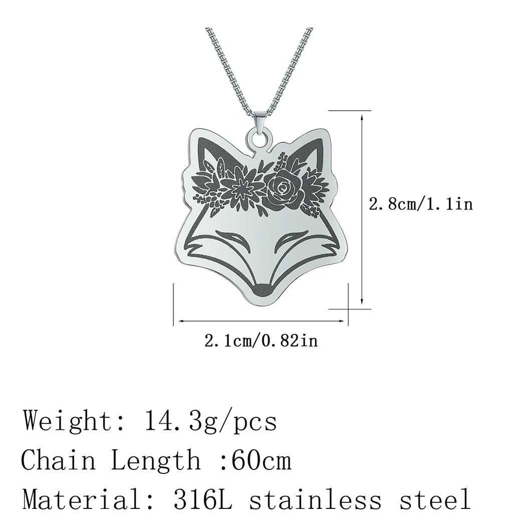 Women\'s Necklace Exquisite Fox Filigree Flower Stainless Steel Animal Pendant Chains Choker Necklace for Men Punk Jewelry