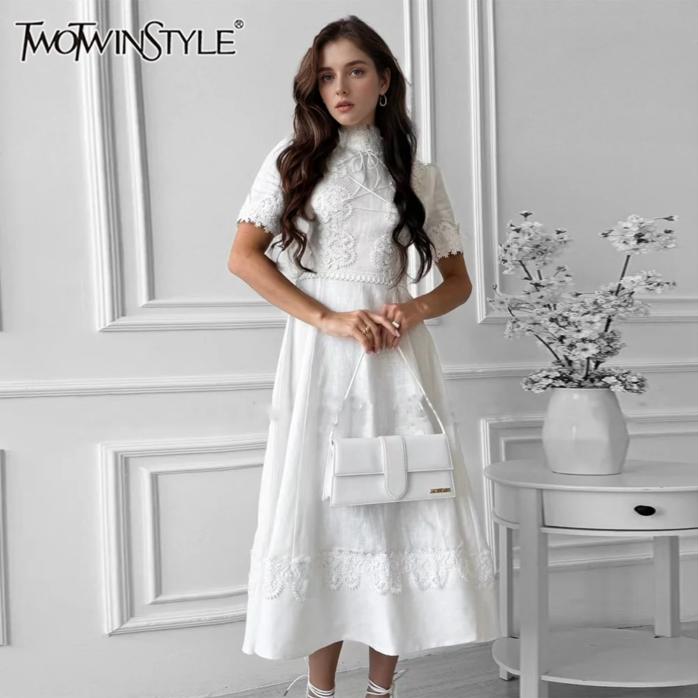 TWOTWINSTYLE Solid Patchwork Lace Dresses For Women Round Neck Short Sleeve High Waist Elegant A Line Dress Female Fashion New