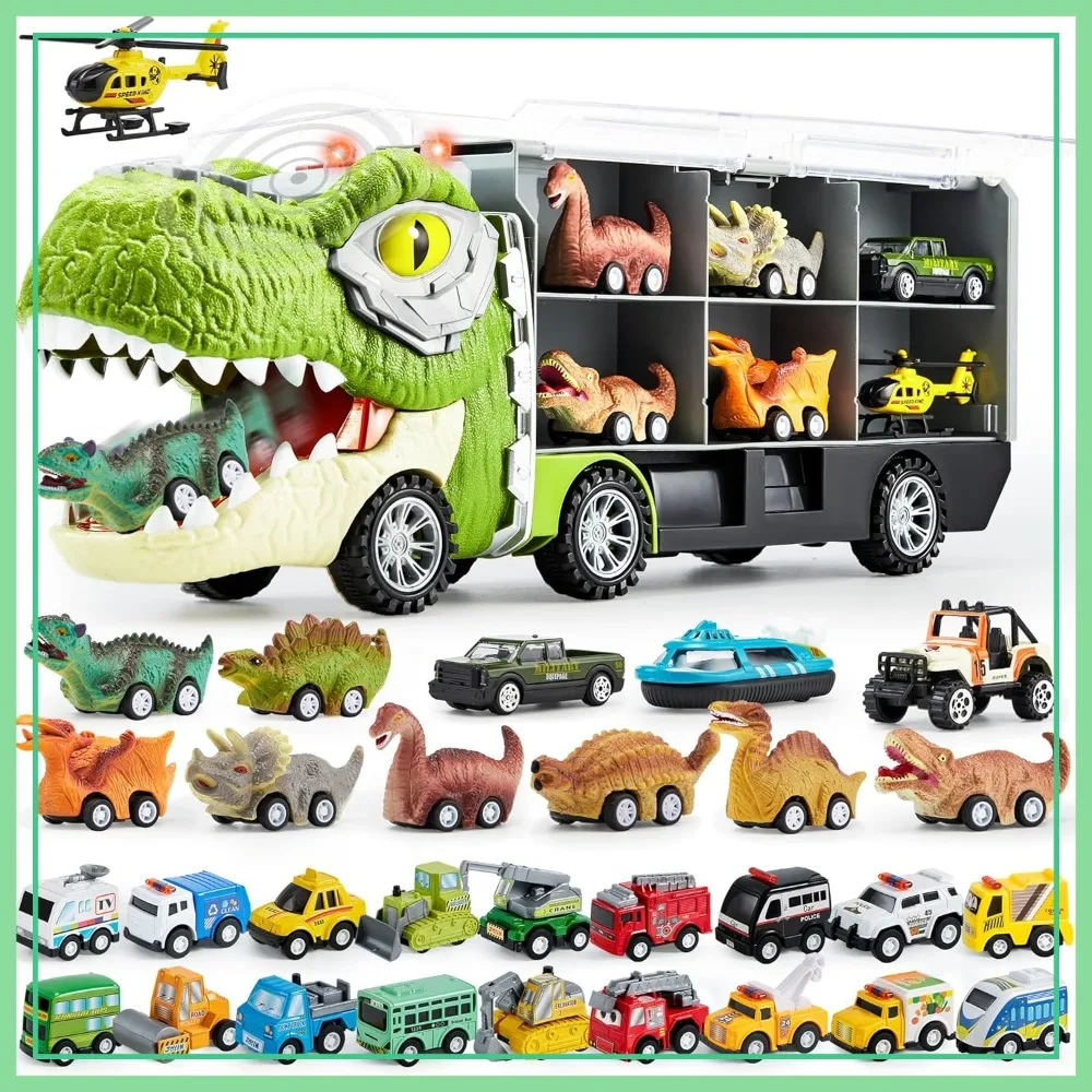 

31PCS Dinosaur Toy Set, 12 Pull Back Cars, Transport Truck with Music & Roar