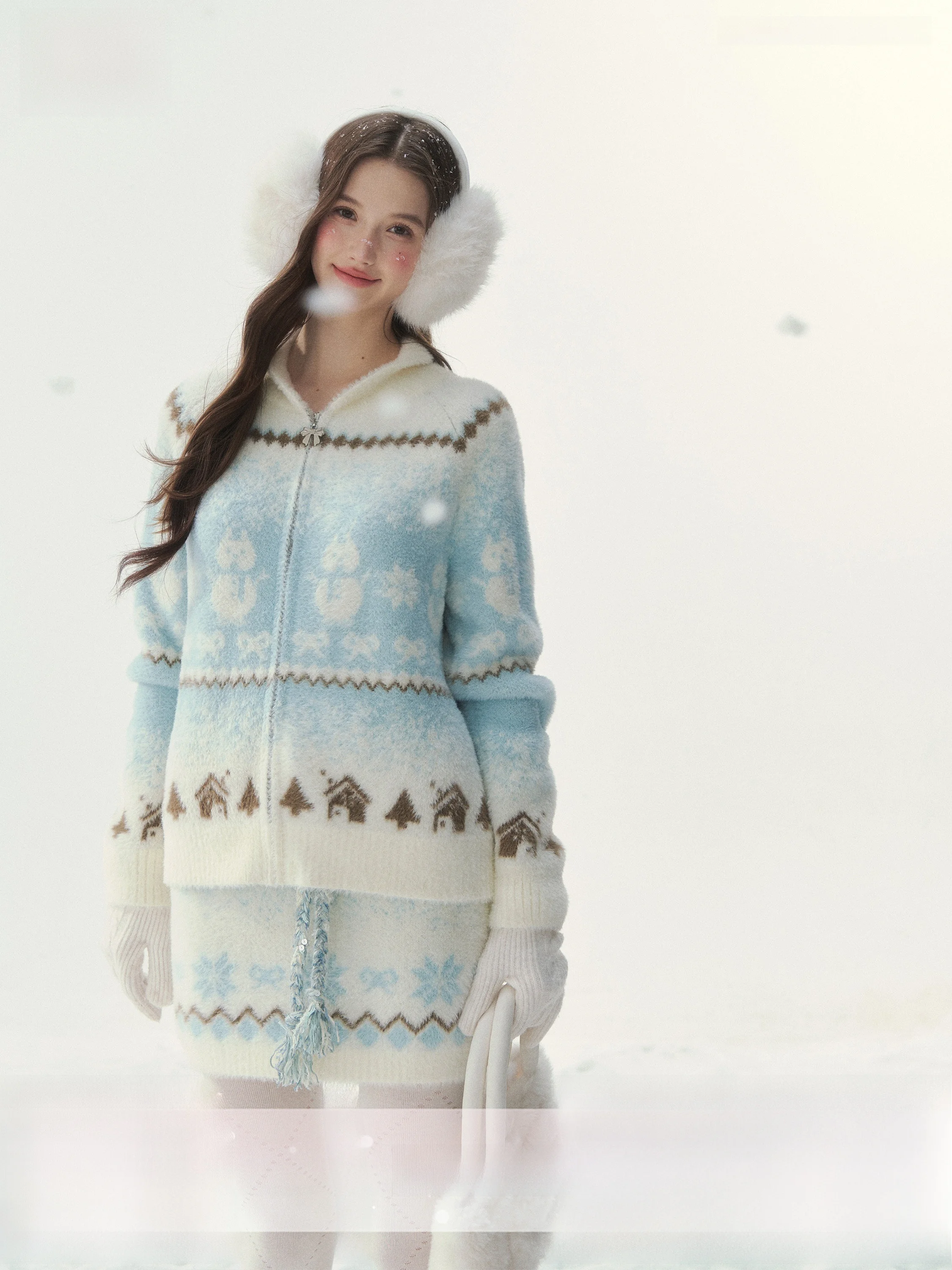 

Комплект из свитера и юбки SunsetPark Original Snowman Design: винтажный, свободный крой, длинный рукав, милый узор с мехом