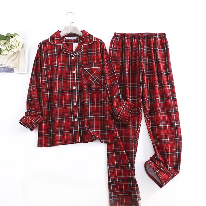 

Pure Cotton Flannel Polished Women Pajama Cover Fattened Large Size Simple Loose Spring, American Plaid Long-sleeved Trousers