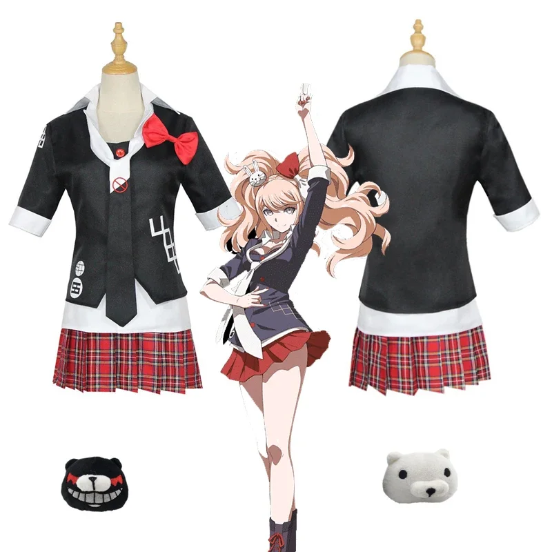 Enoshima Junko Danganronpa Cosplay Costume Student JK Skirt Uniform Halloween Cafe Work Outfit Red Nail Sticker Wig Set Clothing