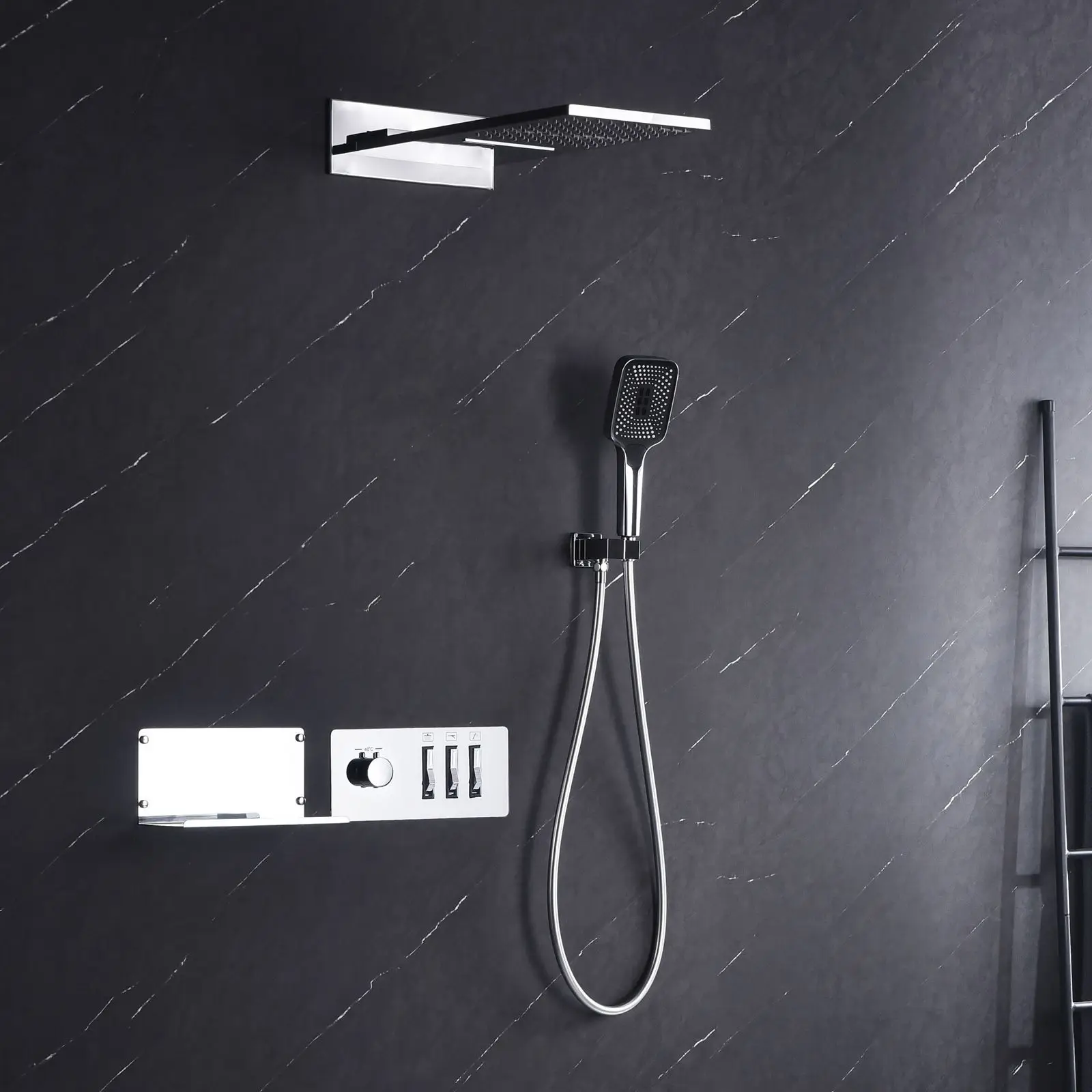 

Three function constant temperature concealed shower set, light luxury hotel embedded wall mounted all copper shower set GN627WX