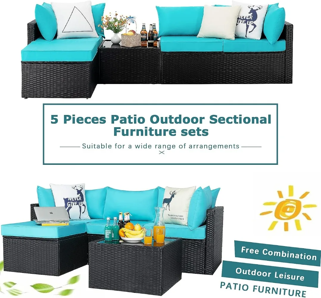 5 Pieces Patio Furniture Sets, Outdoor Sectional Sofa, All Weather Rattan Wicker Couch with Glass Table, Patio Conversation