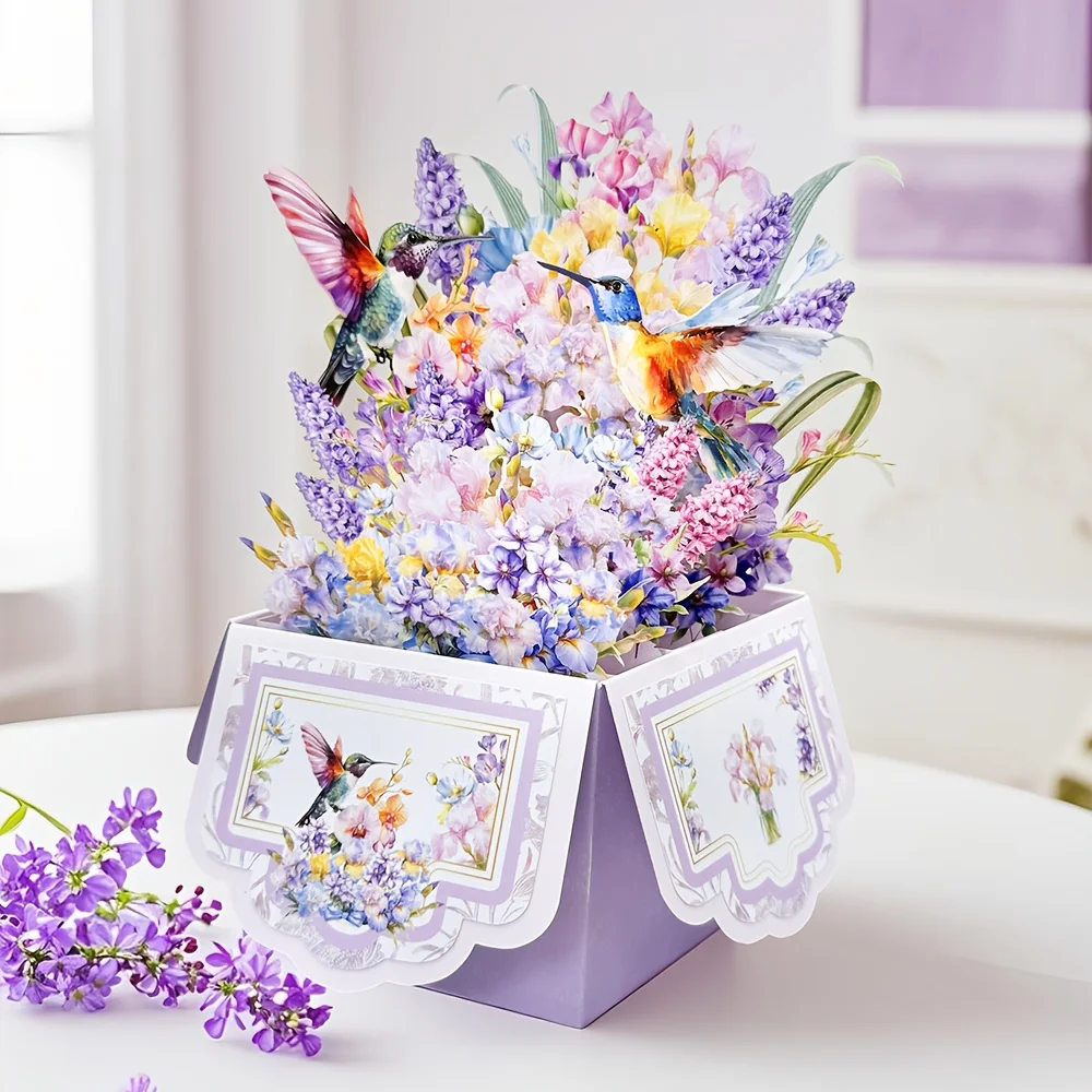 Kolibri-Grußkarte in Halbmondform, lila Gänseblümchen, exquisite Pop-up-Karte mit Umschlag, Valentinstagsgeschenke zum Muttertag