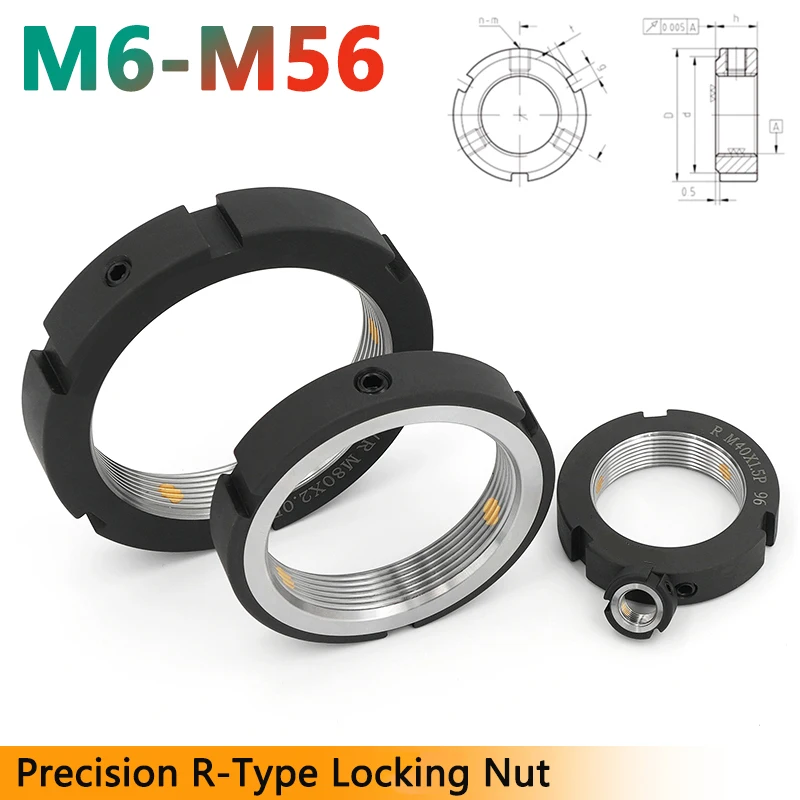 1 Uds M6-M56 tuerca de bloqueo tipo R de precisión eje de cuentas rodantes tuerca de bloqueo del eje principal acero previene el respaldo tuercas redondas paso 0,5-2mm