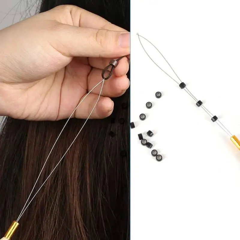 Herramienta de gancho de tracción de agujas de bucle para extensiones de cabello, enhebrador de agujas, bucle para microanillo de cuentas de microenlace de silicona, 5 piezas