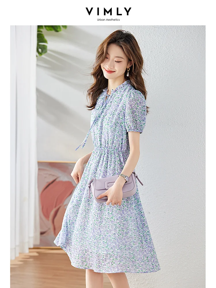 

Vimly Romantic Purple Floral Holiday Dress for Women 2023 Elastic Waist Ruffled Collar Vintage Printed Female Chiffon Midi Dress