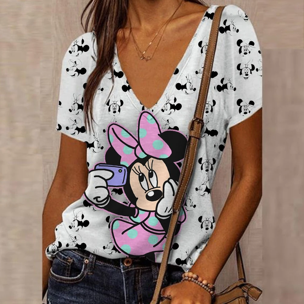 New T Shirt Women Y2k Disney Mickey Mouse Print Female Clothes Top Summer V-neck Ladies T-shirt Fashion Streetwear Hip-hop Shirt