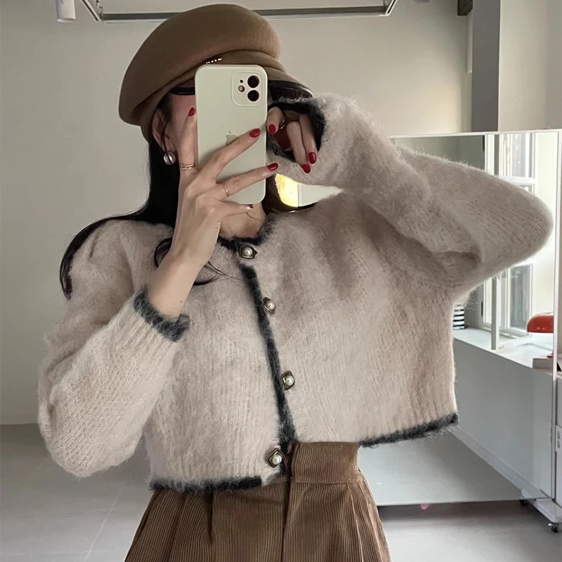 Suéter corto de punto otoñal e para mujer, cárdigan abierto con bloques de Color suave y botones, ropa de abrigo cálid...