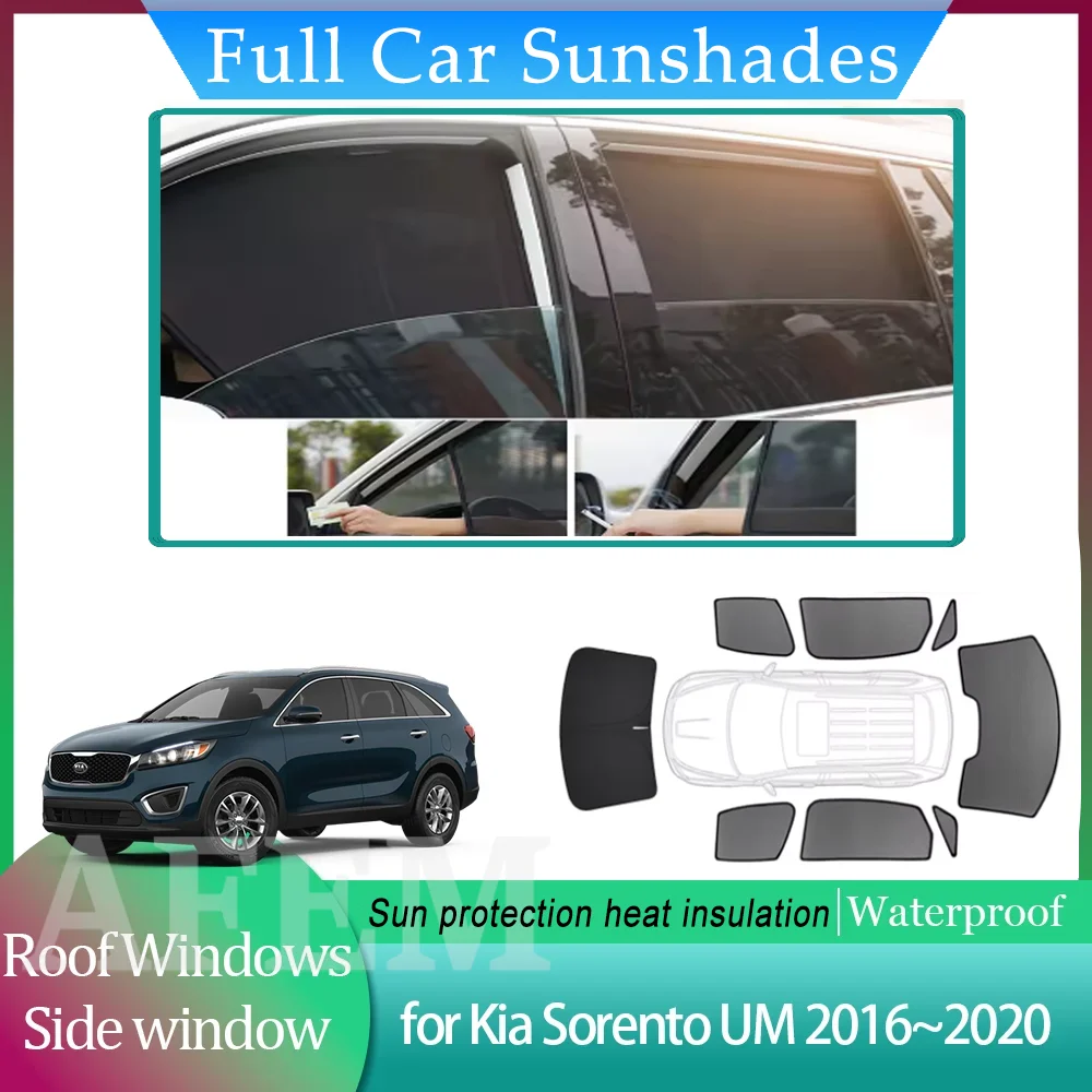 Полный комплект солнцезащитных шторок для Kia Sorento UM 2016-2020: для боковых окон, крыши, лобового стекла, солнцезащитный козырек, шторка, накладка на люк, аксессуары