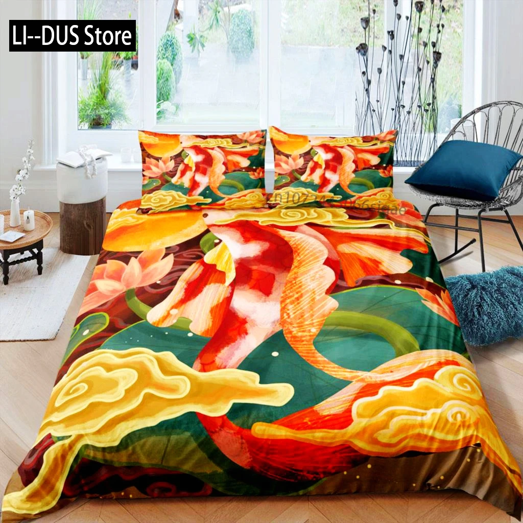 Koi Fish Duvet Cover Set King Size Oriental Asian Culture Lotus Bedding Set Microfiber Twin Cloud Quilt Cover For Girl Farmhouse - Image 5