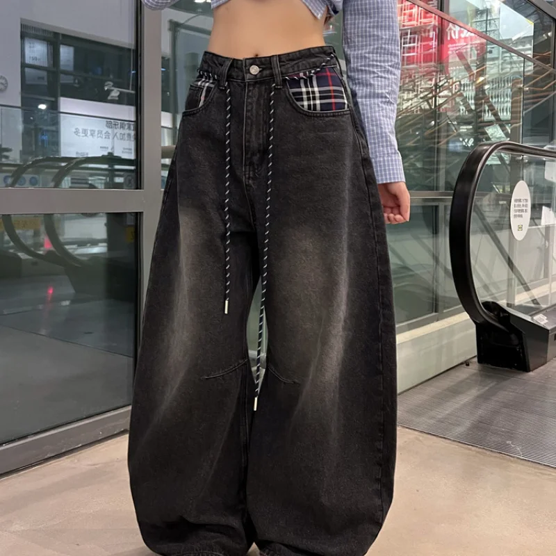 

Американские широкие брюки прямого кроя в пол, универсальные, в стиле пэчворк, с завязками, 2025. Джинсы прямого кроя в клетку с кружевными вставками.