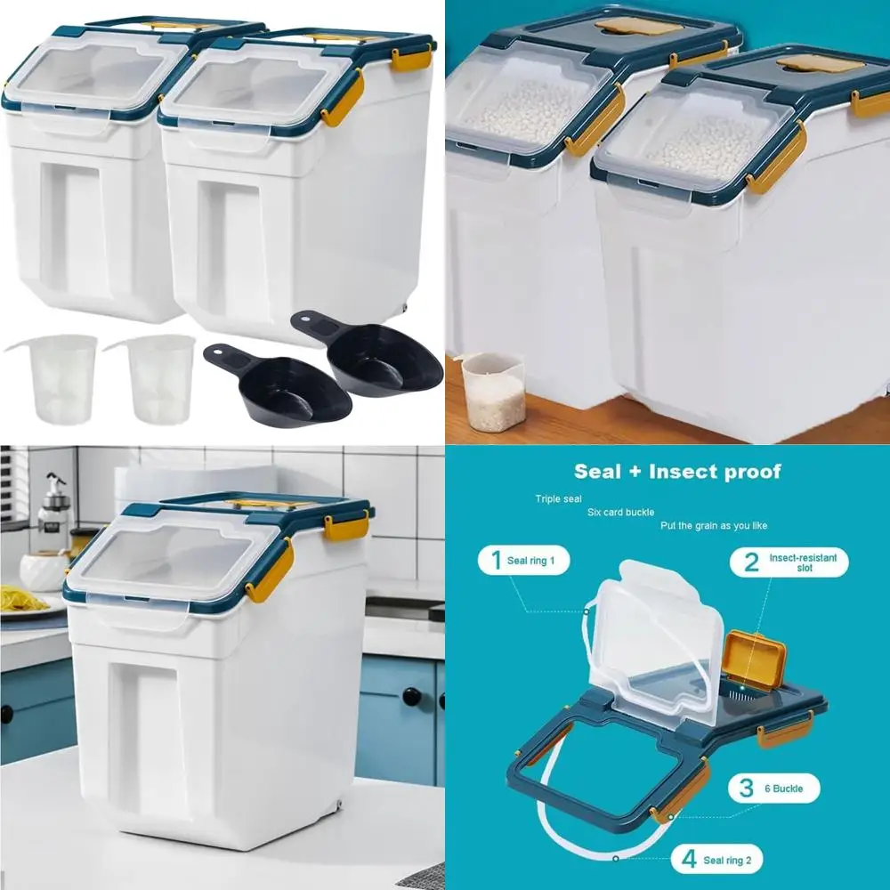 

Set of 2 50 lb Large Rice Storage Containers with Measuring Cup & Scoop, BPA-Free, Dark Blue, Kitchen Organizer for Dry Foods