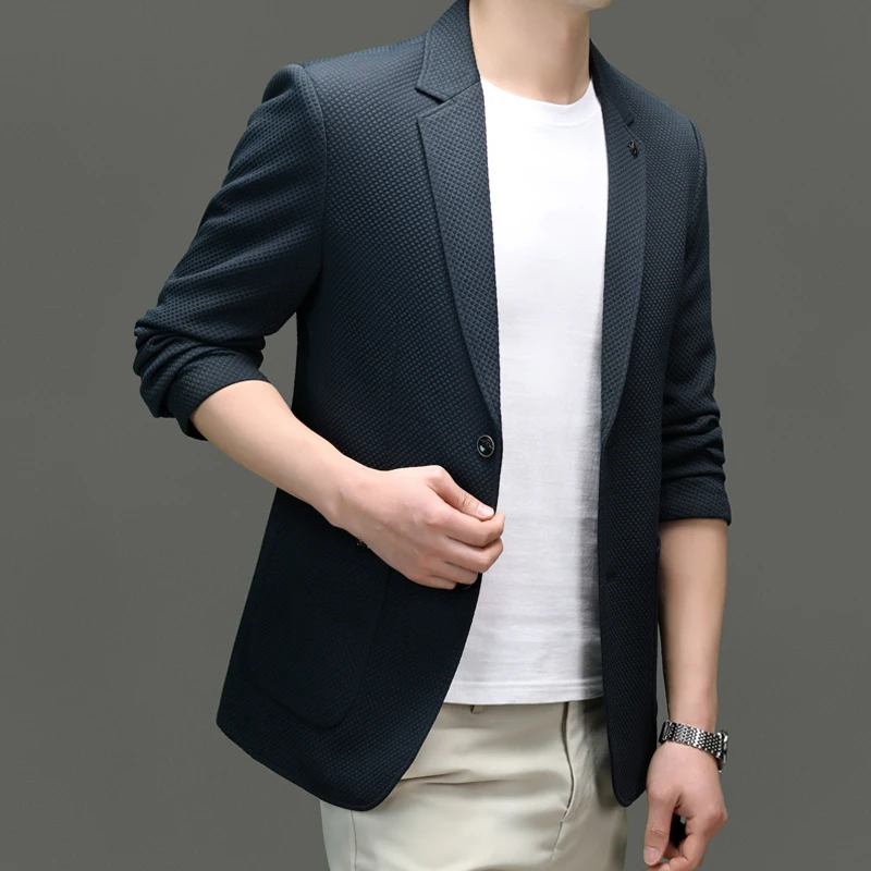 

2024 Men Stylish Blazers Gray Navy Coffee Suit Jacket Business Casual Notched Collar Outfits Lightweight Leisure Attire Spring