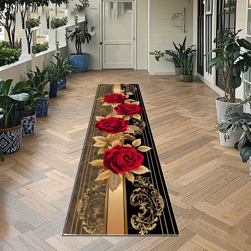 Elegant Red Rose Runner Rug  Luxurious Golden Ornate Floral Floor Mat Glam Decor Carpet for Hallway Entryway and Corridor